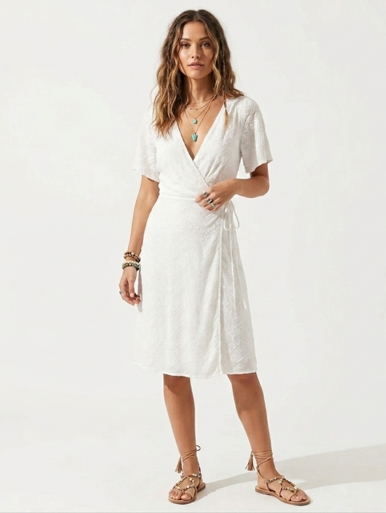 Astr Dresses & Skirts - Astr The Label Wrap Dress White Embroidered Side Tie Sz S Cottagecore Boho Chic